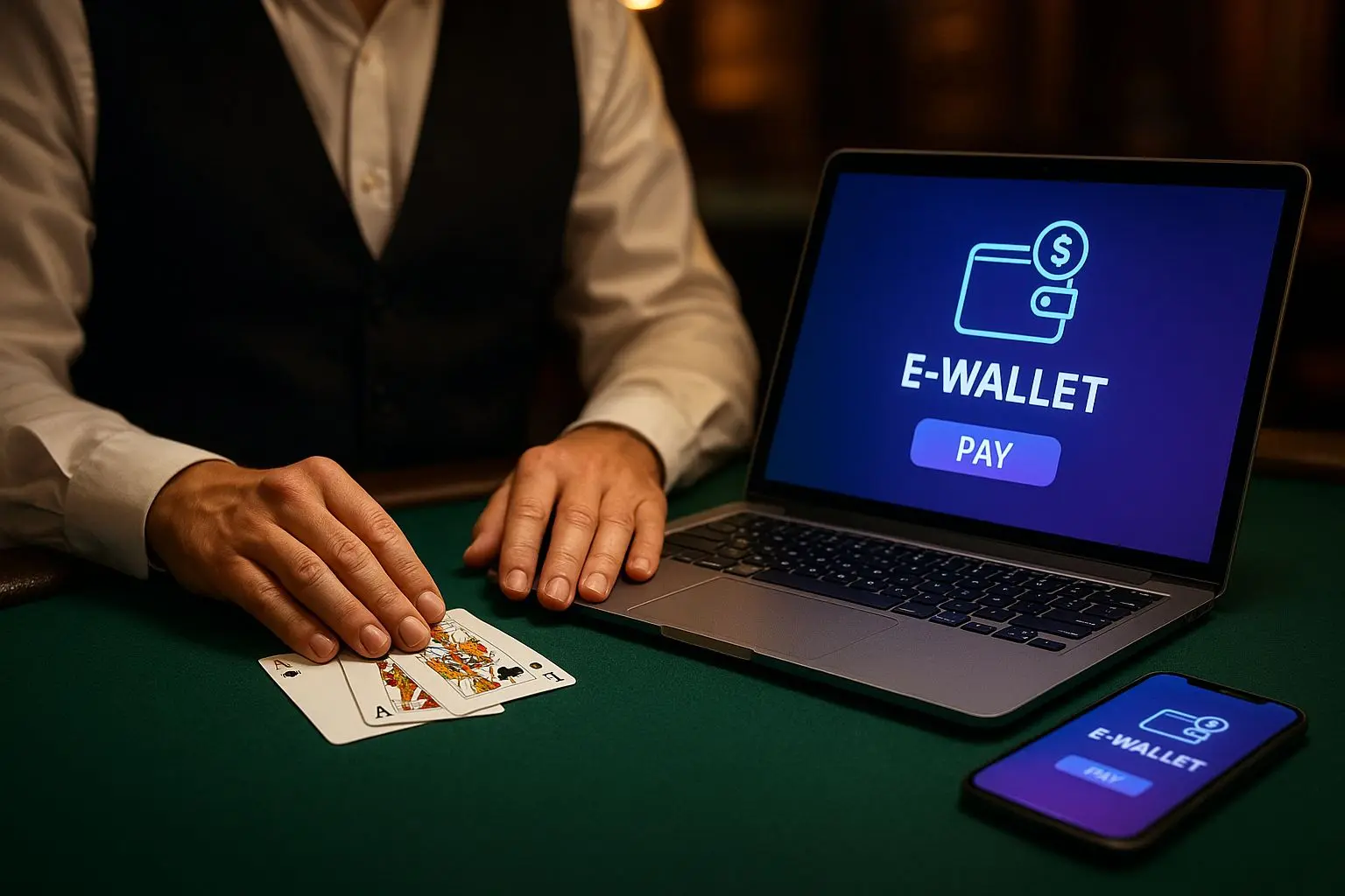 Live-Blackjack-Szene mit Laptop, Smartphone und E-Wallet-Oberfl&auml;che