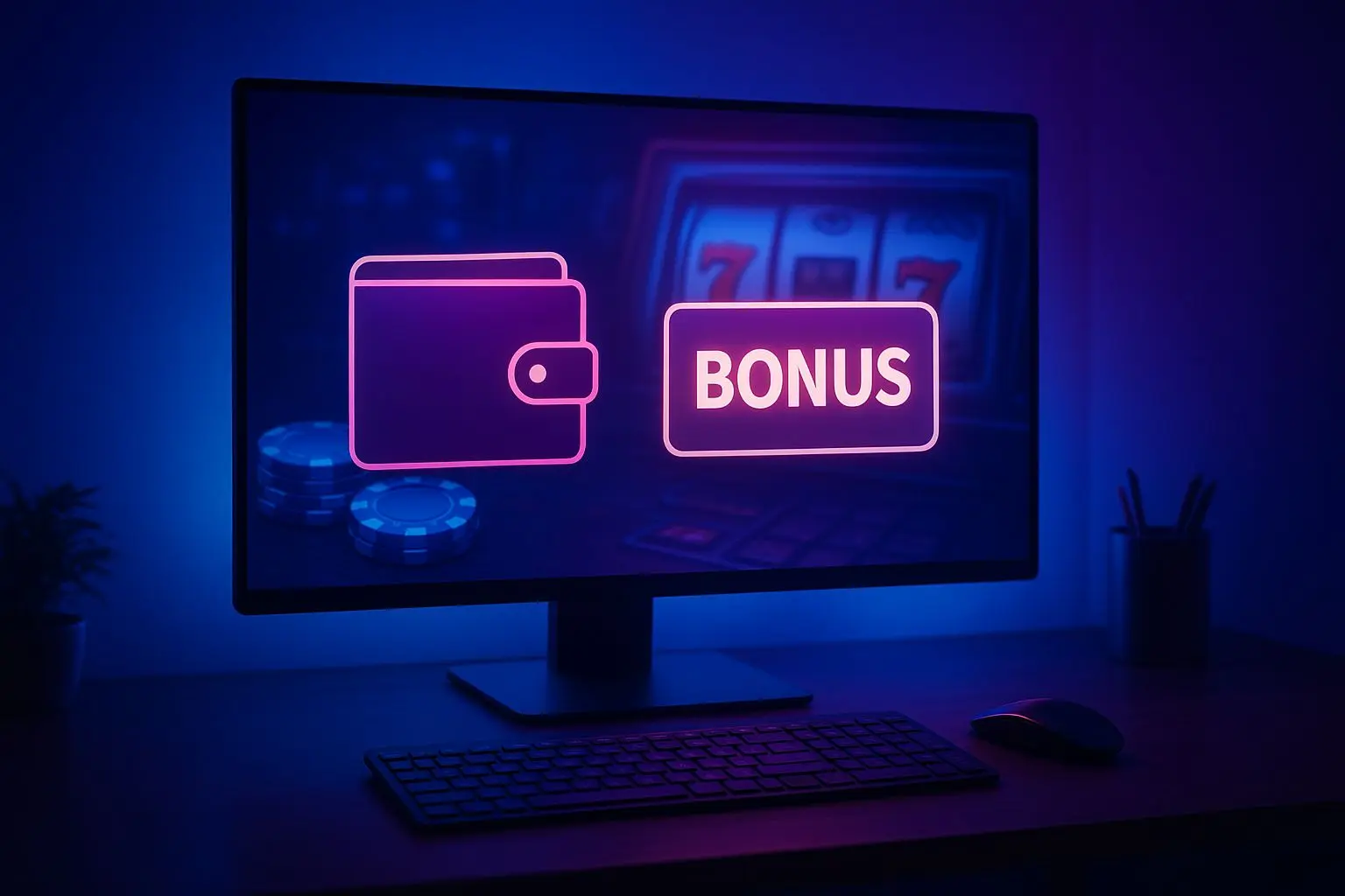 Desktop mit Wallet-Logo und Bonus-Popup im Online-Spielkontext