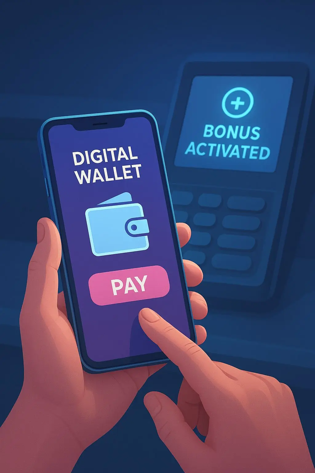 Smartphone mit Wallet-App und Bonusaktivierung im Kassenbereich