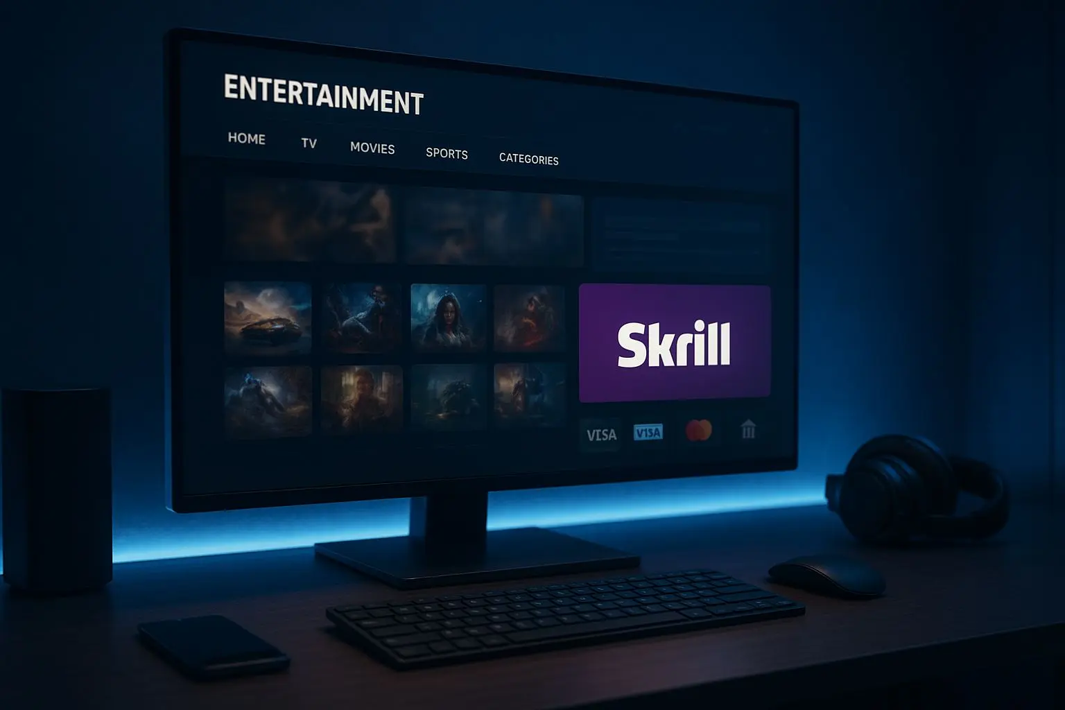 Digitale Lobby mit hervorgehobener Skrill-Zahlungsoption