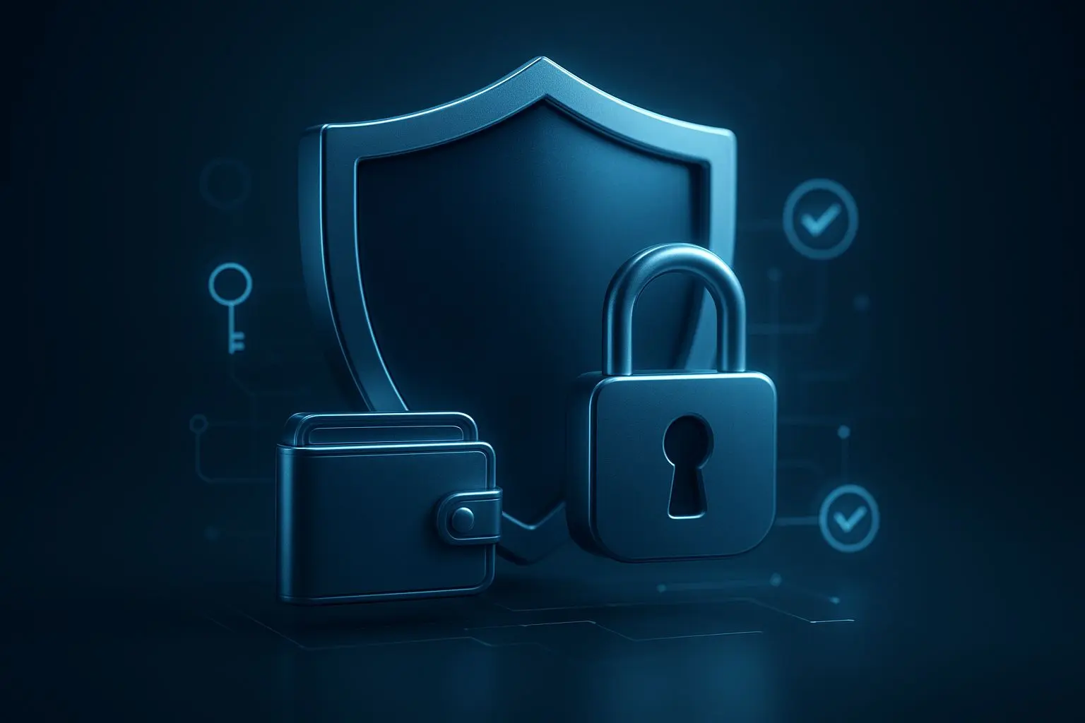 Digitale Sicherheit mit Schloss, Schild und Wallet-Symbolen