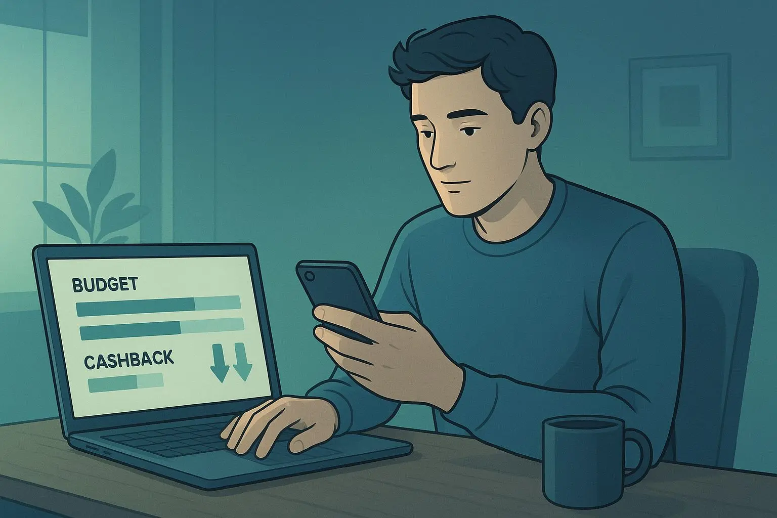 Budgetplanung und Cashback-Übersicht auf Laptop und Smartphone