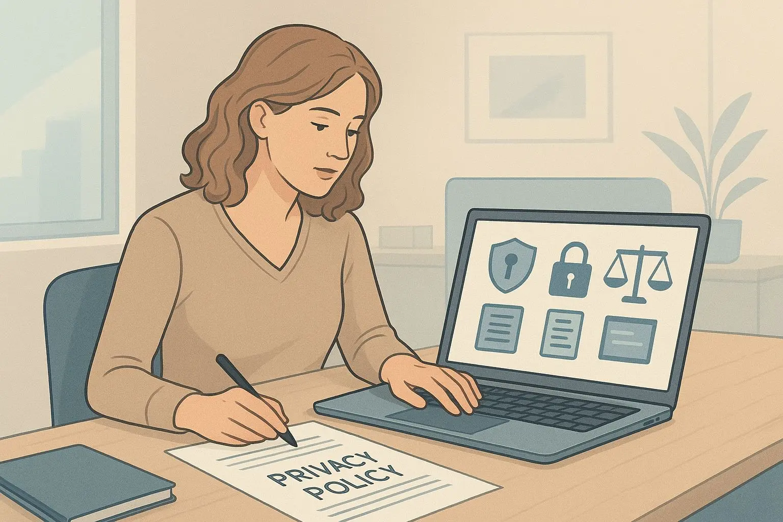 Illustration einer Autorin beim Verfassen einer Datenschutzrichtlinie