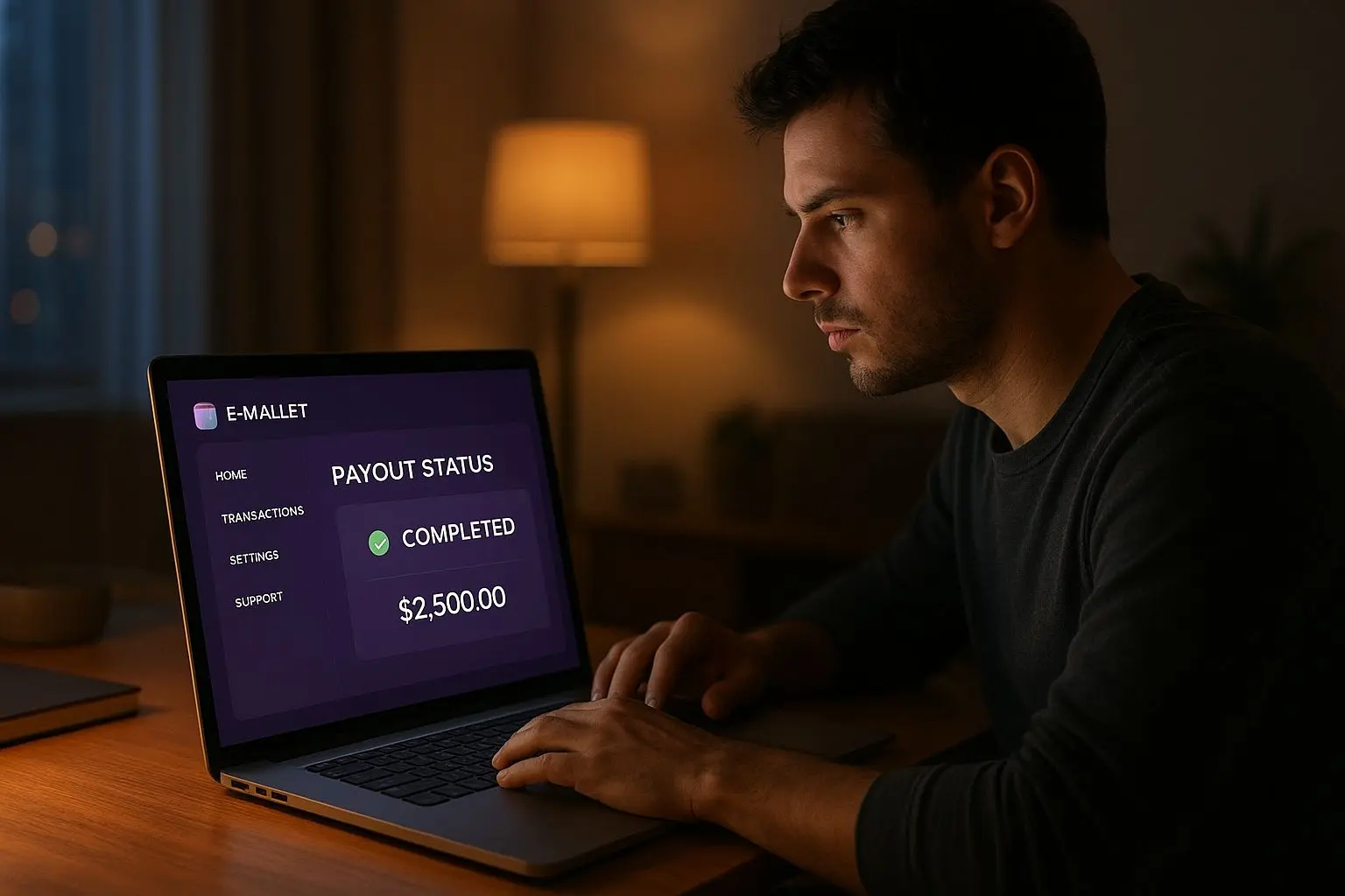 Skrill-Auszahlung im DrückGlück-Konto prüfen Spieler prüft Auszahlung auf E-Wallet im Konto am Laptop