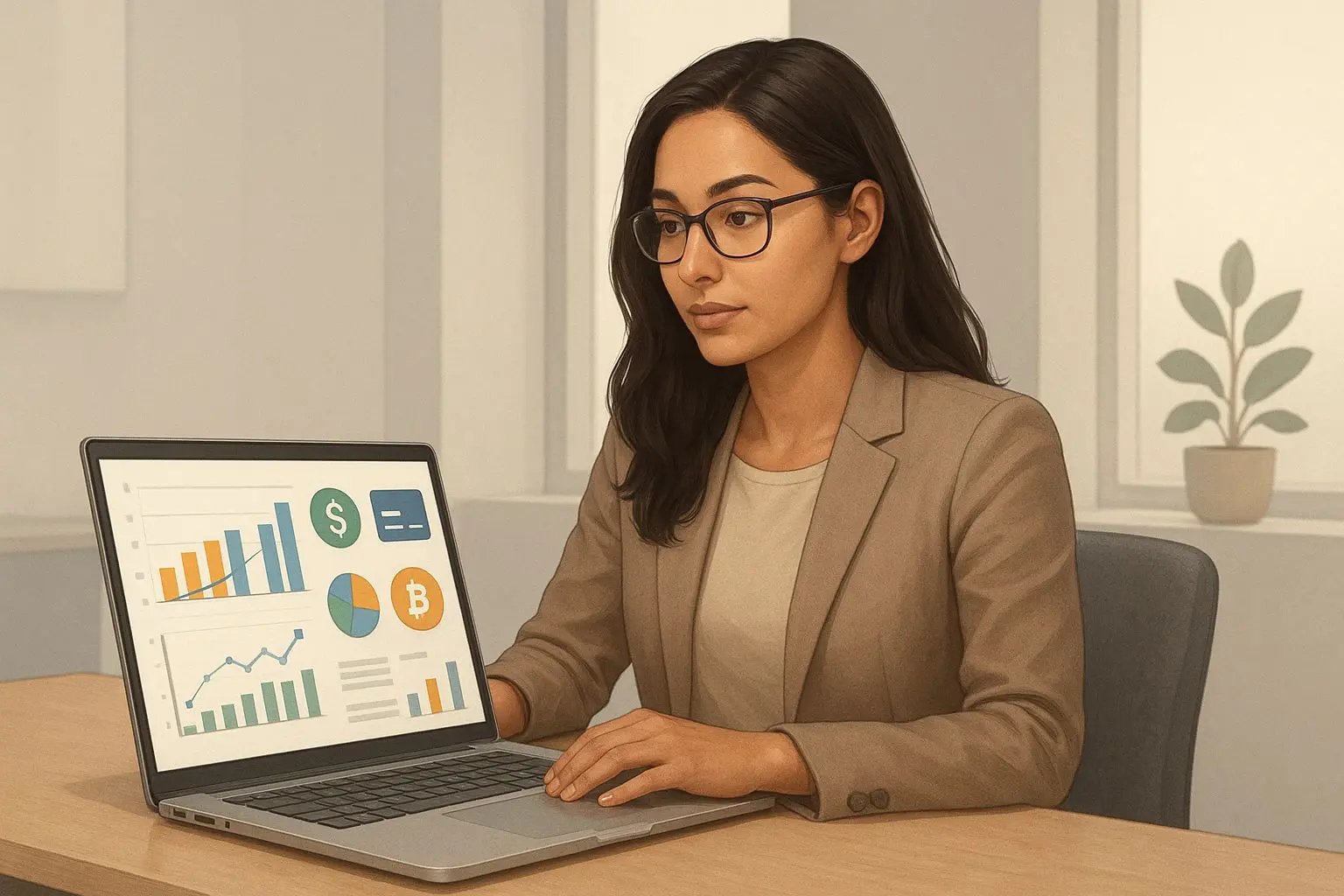 Illustration einer Expertin für iGaming und digitale Zahlungsmethoden am Arbeitsplatz