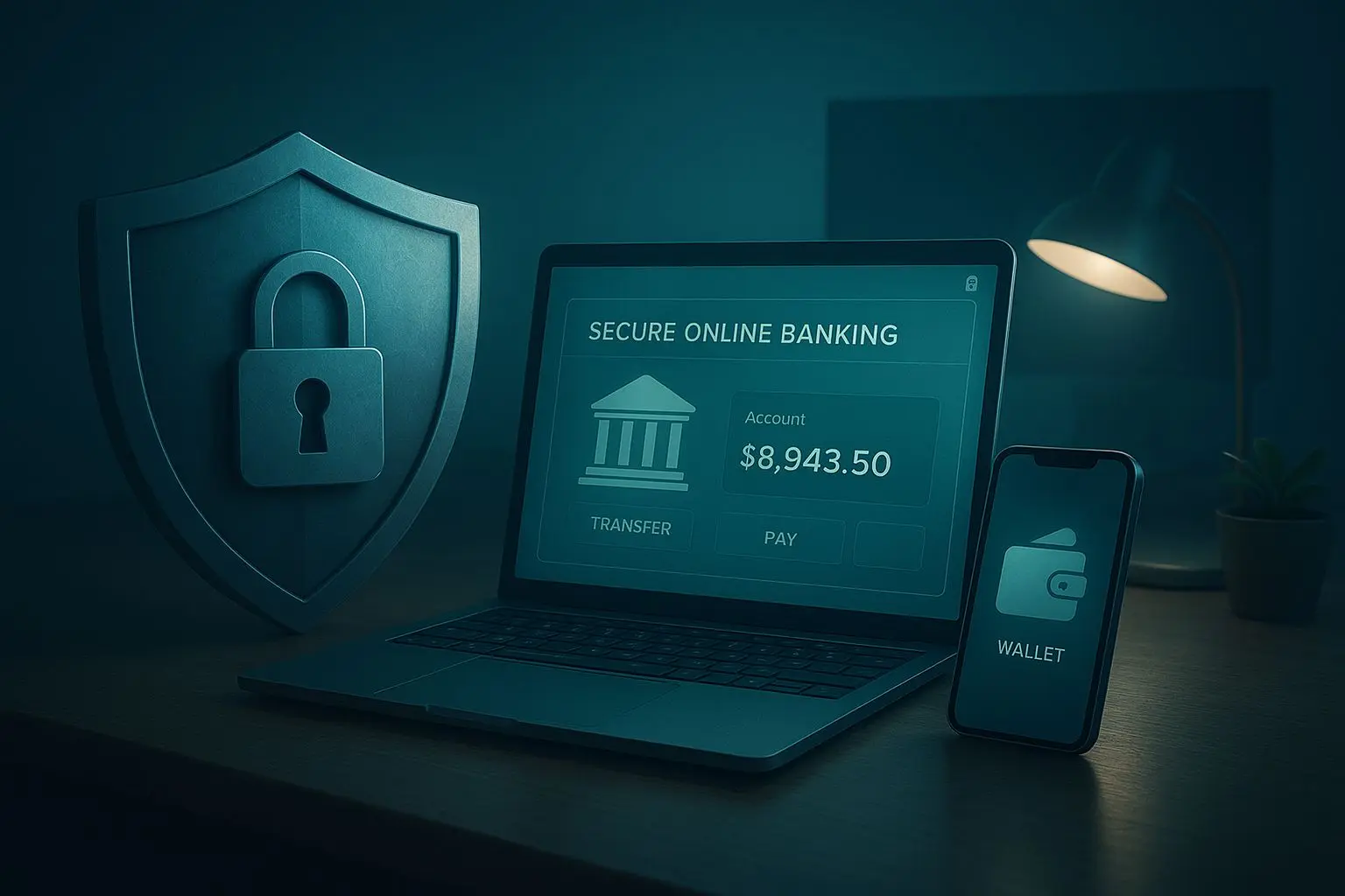 Sicherheitsdarstellung mit Schloss, Laptop und Wallet-App für geschützte Online-Zahlungen