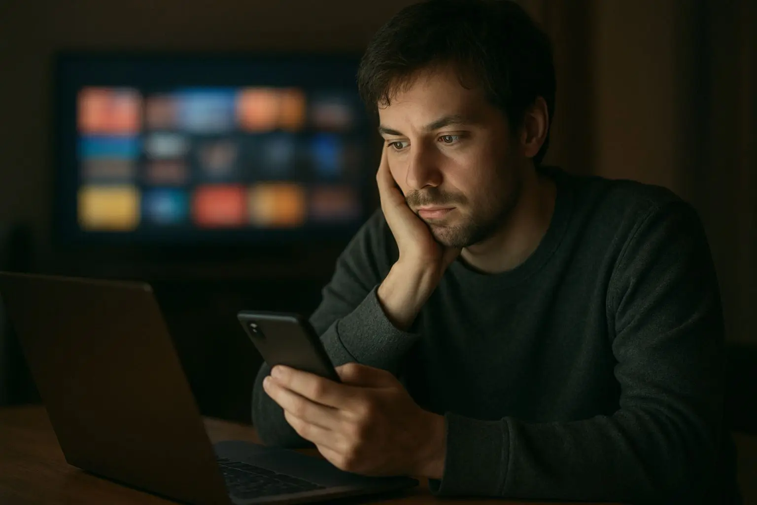 Nachdenkliche Person prüft ihr digitales Spielverhalten am Bildschirm