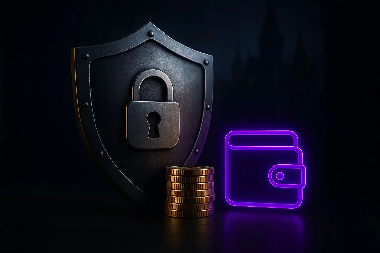Schloss- und Schildsymbol mit digitalen Zahlungselementen und Spielchips