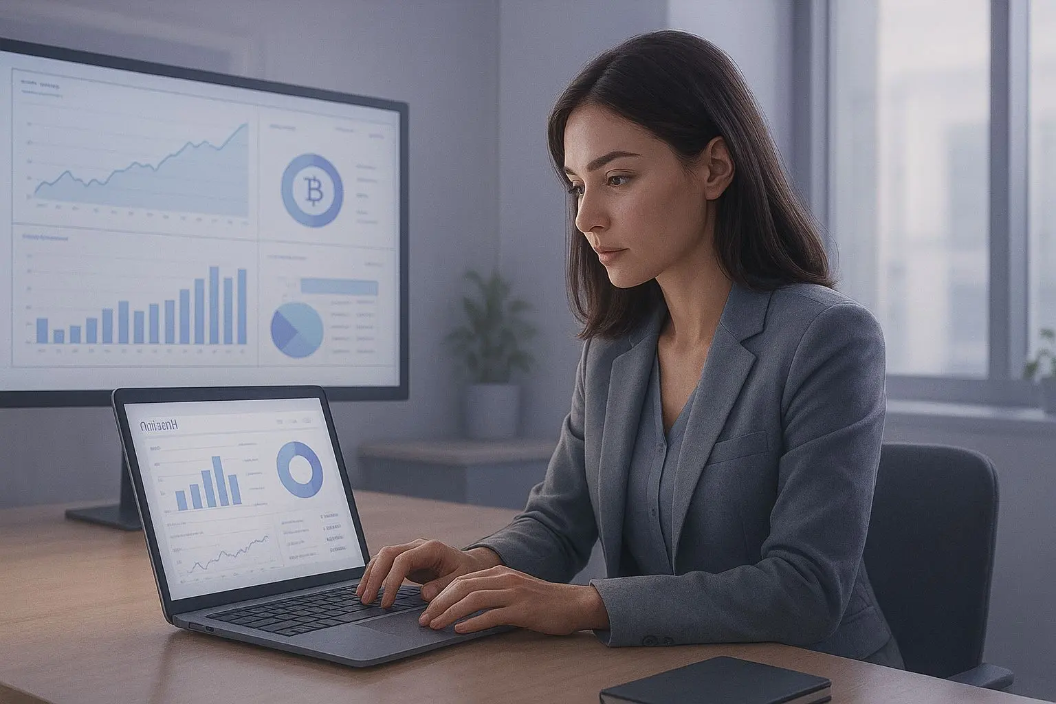 Expertin für digitale Zahlungen mit Laptop und Krypto-Wallet-Analyse