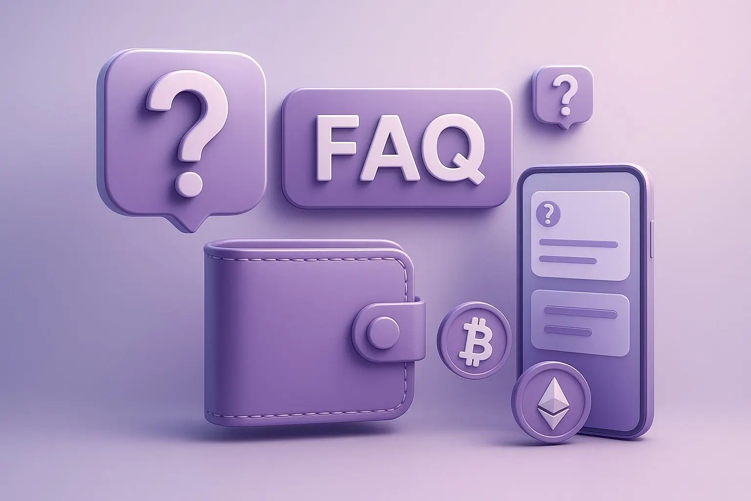 FAQ zu Krypto und Skrill mit Fragezeichen und digitaler Wallet