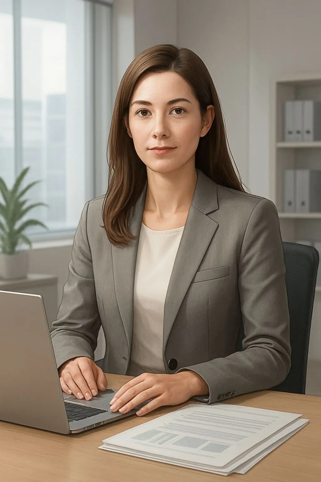 Seriöse Autorenillustration einer Analystin im professionellen Umfeld