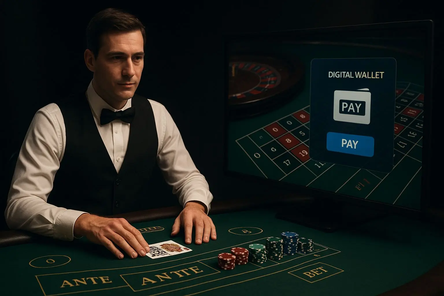 Live-Dealer-Tisch mit eingeblendeter Wallet-Zahlungsoption