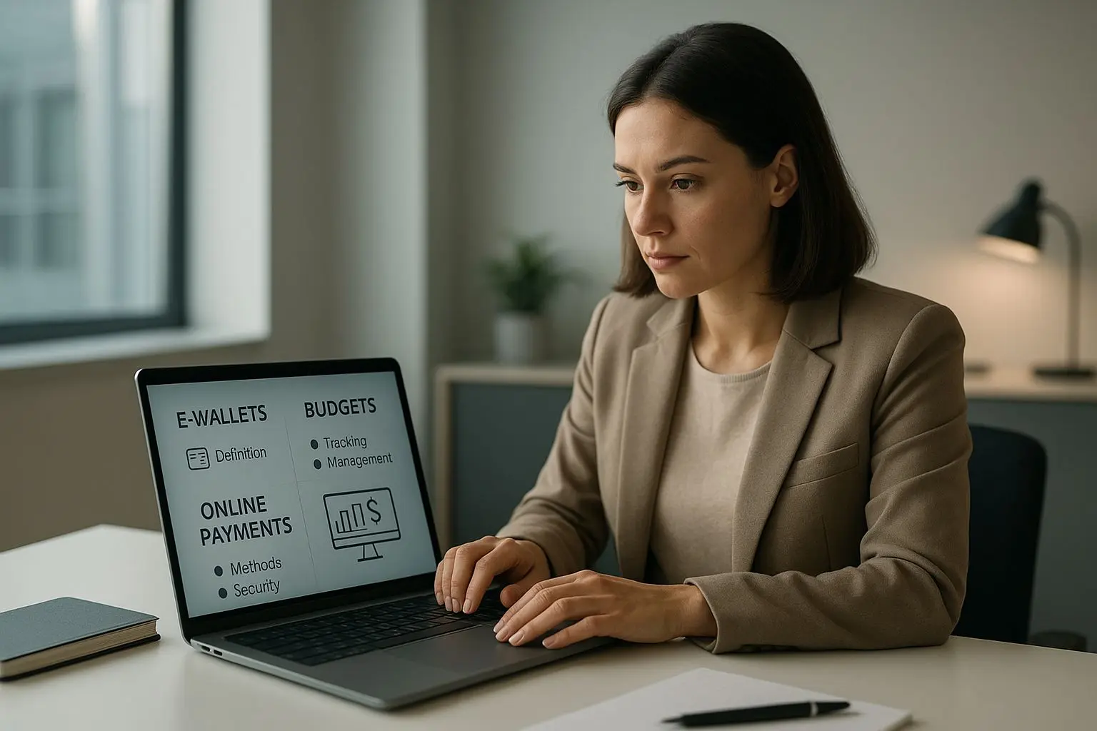 Fiktive Expertin am Laptop bei der Analyse digitaler Zahlungsmethoden
