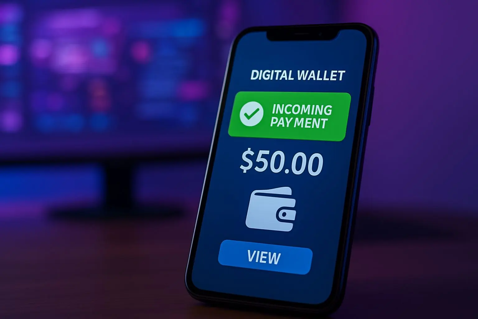 Digitale Wallet auf Smartphone mit eingehender Zahlung im Hintergrund einer Spielplattform