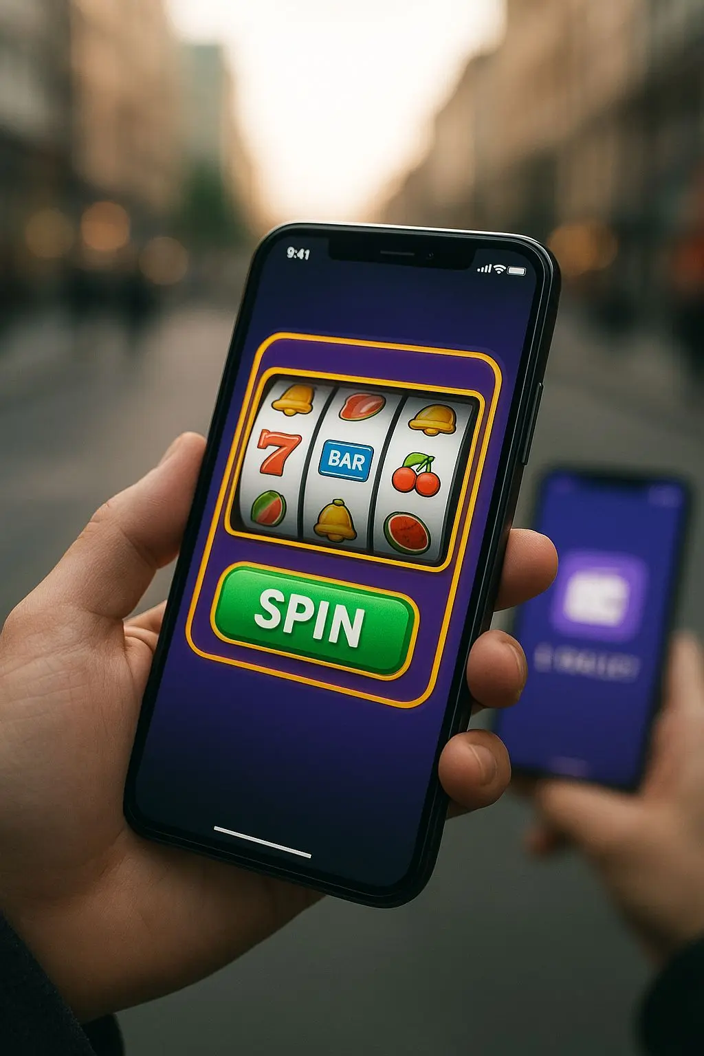 Smartphone mit Slot-Spiel und Wallet-App beim mobilen Spielen