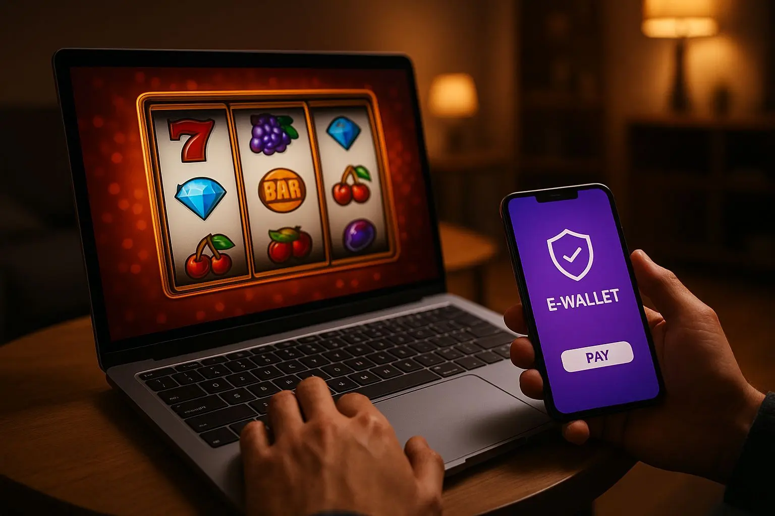 Spieler am Laptop mit Slot-Spiel und Wallet-App im Vordergrund