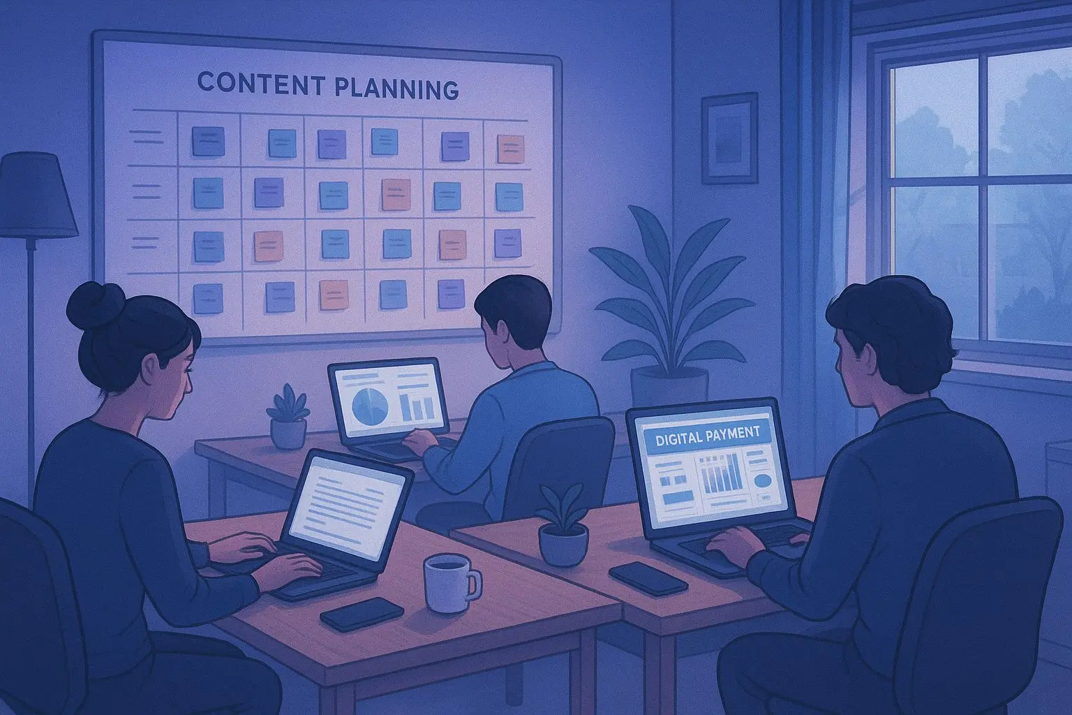 Illustration zu Teamarbeit und redaktioneller Arbeitsweise im Skrill-Umfeld